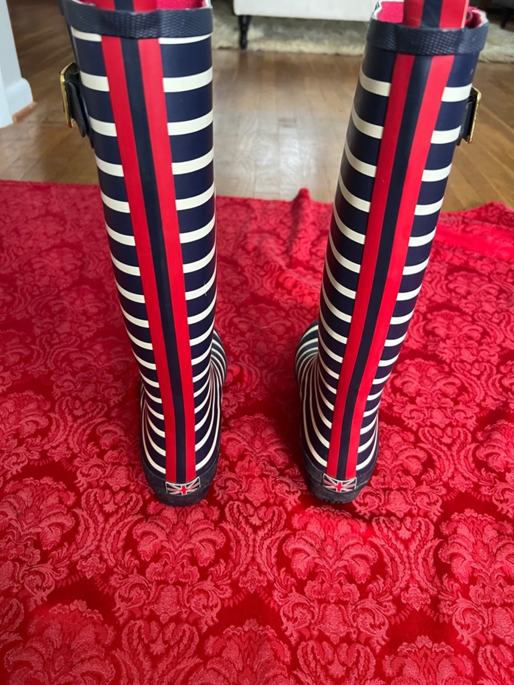 Joules Navy Cream Striped Tall Rain Boots Women’s US 8 UK 6 - Picture 5 of 10